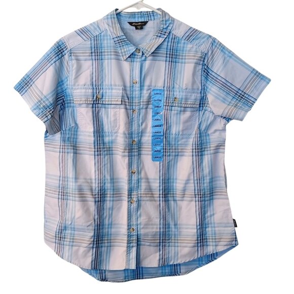 New Women's Eddie Bauer Adventure Blue Plaid Short Sleeve Shirt Size Large UPF - Picture 1 of 9